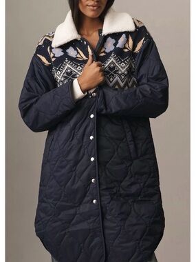 Anthropologie Navy Quilted Coat Sherpa Collar